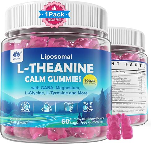 L Theanine Calm Gummies 500mg, Sugar-Free Liposomal L-Theanine Supplement, w/Safforn, Magnesium Glycinate, GABA, Ashwagandha, Algae Omega-3, Vitamin D3 B12, for Brain Calm, Relax, Mood, Zzz, 120Cts in Kuwait