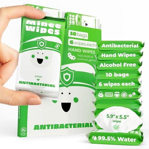Impossibly Compact Travel Antibacterial Wipes Hand Sanitizer - 99.5% Water and Aloe - Safe for Sensitive Skin & Hypoallergenic Hand Wipes - Travel Essentials For Adults & Kids, 10 Pack Total 60 Wipe in Saudi Arabia