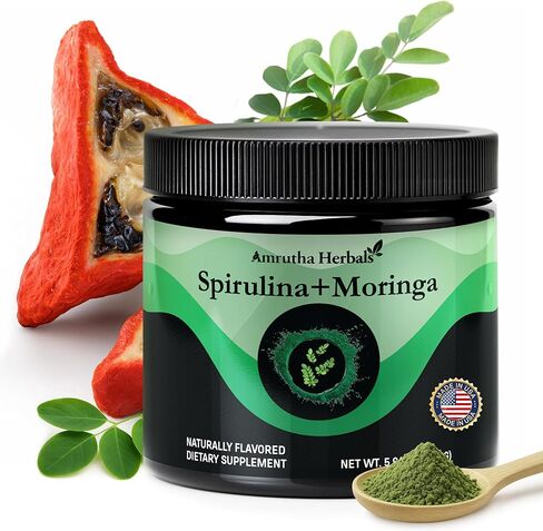 سبيرولينا عضوية + مسحوق المورينغا الأخضر العضوي، خالي من الغلوتين، صديق للنباتيين، التخلص من السموم والهضم، أطعمة فائقة الجودة 30 حصة مصنوعة في الولايات المتحدة الأمريكية in Kuwait