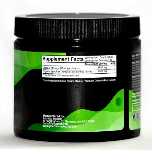 سبيرولينا عضوية + مسحوق المورينغا الأخضر العضوي، خالي من الغلوتين، صديق للنباتيين، التخلص من السموم والهضم، أطعمة فائقة الجودة 30 حصة مصنوعة في الولايات المتحدة الأمريكية in Kuwait