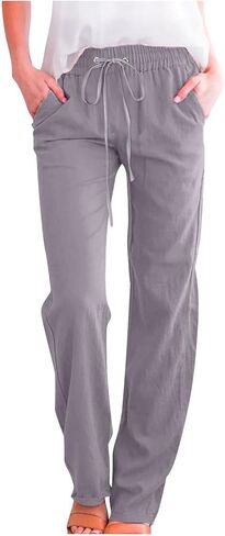 Linen Pants for Women Elastic High Waist Lounge Beach Summer Pants Loose Fit Casual Straight Leg Trousers Pockets in Saudi Arabia