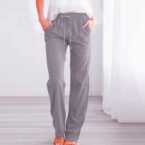Linen Pants for Women Elastic High Waist Lounge Beach Summer Pants Loose Fit Casual Straight Leg Trousers Pockets in Saudi Arabia