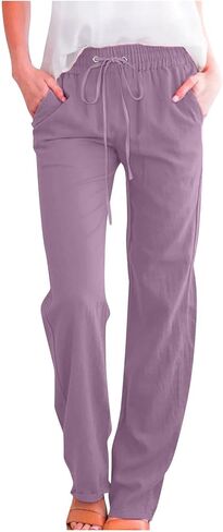Linen Pants for Women Elastic High Waist Lounge Beach Summer Pants Loose Fit Casual Straight Leg Trousers Pockets in Saudi Arabia