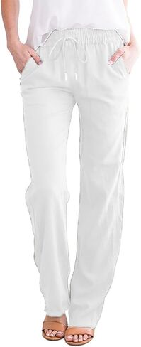 Linen Pants for Women Elastic High Waist Lounge Beach Summer Pants Loose Fit Casual Straight Leg Trousers Pockets in Saudi Arabia