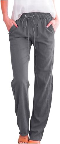 Linen Pants for Women Elastic High Waist Lounge Beach Summer Pants Loose Fit Casual Straight Leg Trousers Pockets in Saudi Arabia