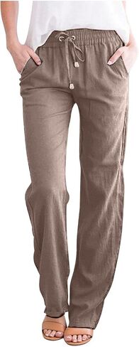 Linen Pants for Women Elastic High Waist Lounge Beach Summer Pants Loose Fit Casual Straight Leg Trousers Pockets in Saudi Arabia