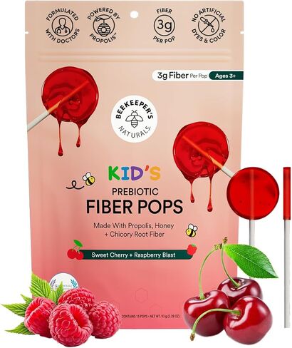 مصاصات ألياف البريبايوتيك للأطفال من Beekeeper's Naturals - مكمل ألياف تم تركيبه بواسطة الطبيب، يدعم انتظام الجهاز الهضمي، 3 جم من الألياف والعسل، حزمة متنوعة من التوت والكرز الحلو، 15 قيراط in Kuwait