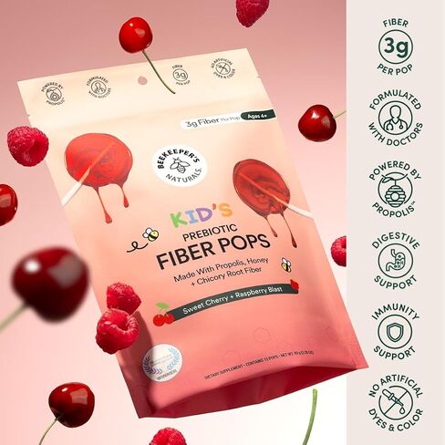 مصاصات ألياف البريبايوتيك للأطفال من Beekeeper's Naturals - مكمل ألياف تم تركيبه بواسطة الطبيب، يدعم انتظام الجهاز الهضمي، 3 جم من الألياف والعسل، حزمة متنوعة من التوت والكرز الحلو، 15 قيراط in Kuwait