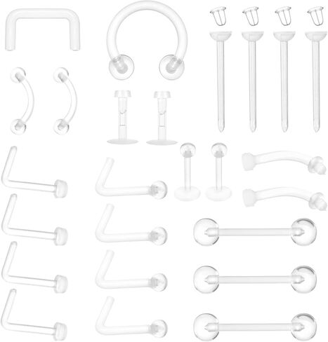 29 قطعة من مثبتات الثقب الشفافة للعمليات الجراحية - مثبتات ثقب شفافة من الأكريليك - أقراط مرصعة للأنف، مجموعة مجوهرات من الأكريليك لرياضات العمل in Kuwait
