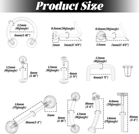 29 قطعة من مثبتات الثقب الشفافة للعمليات الجراحية - مثبتات ثقب شفافة من الأكريليك - أقراط مرصعة للأنف، مجموعة مجوهرات من الأكريليك لرياضات العمل in Kuwait