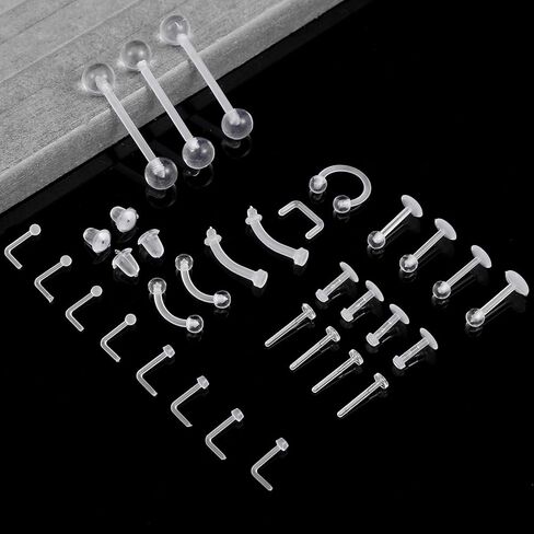 29 قطعة من مثبتات الثقب الشفافة للعمليات الجراحية - مثبتات ثقب شفافة من الأكريليك - أقراط مرصعة للأنف، مجموعة مجوهرات من الأكريليك لرياضات العمل in Kuwait