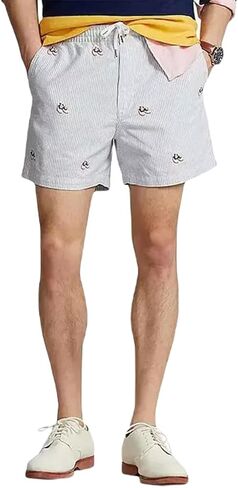 POLO RALPH LAUREN Men's Classic Fit Prepster Oxford Short Embroidered Saddle Shoes (US, Alpha, Large, Regular, Regular, Blue/White Stripe) in Saudi Arabia
