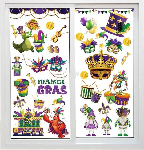 9 Sheet Mardi Gras Window Clings Mardi Gras Party Decorations Carnival Mask Fat Tuesday Lobster Reusable Window Stickers Double-Sided for Masquerade Party Holiday Home School Office Decor Supplies in Kuwait
