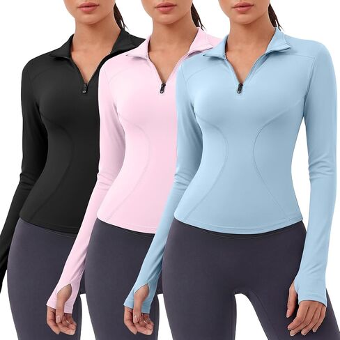 Coume 3 Pack Women Workout Jacket Slim Fit Cropped Jacket Quarter Zip Athletic Tops Thumb Hole for Running Gym Yoga in Saudi Arabia