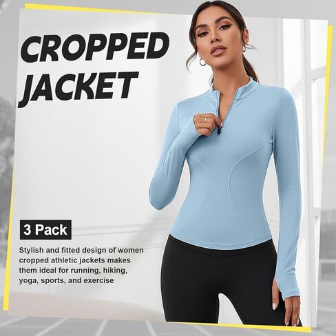 Coume 3 Pack Women Workout Jacket Slim Fit Cropped Jacket Quarter Zip Athletic Tops Thumb Hole for Running Gym Yoga in Saudi Arabia