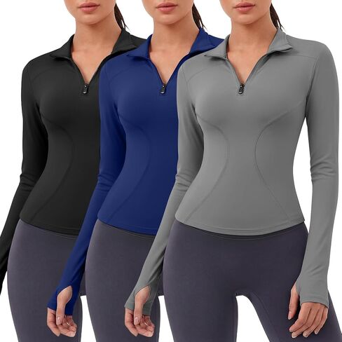 Coume 3 Pack Women Workout Jacket Slim Fit Cropped Jacket Quarter Zip Athletic Tops Thumb Hole for Running Gym Yoga in Saudi Arabia