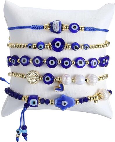18K Gold Plated Evil Eye Bracelet Set, 5-Piece Adjustable Stack Beaded Jewelry with Hamsa Hand & St Benedict, Freshwater Cultured Pearls, Spiritual Protection Gift for Women in Saudi Arabia