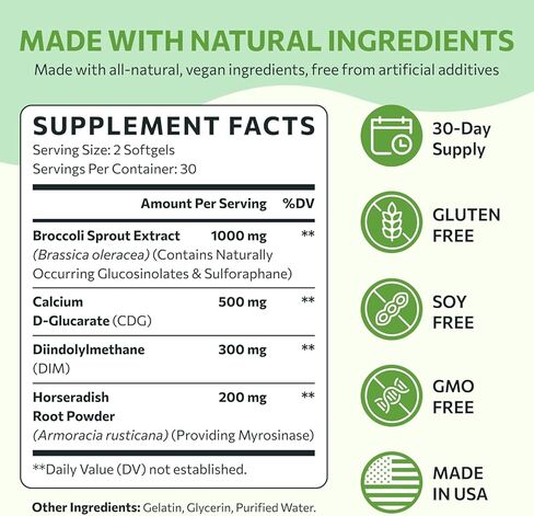 Sulforaphane Supplement from Broccoli Sprouts, DIM and CDG Triple Blend, Natural Enzyme Myrosinase for High Sulforaphane, Broccoli Supplement for Detox, Antioxidant and Balance, 60 Vegan Softgels in Saudi Arabia