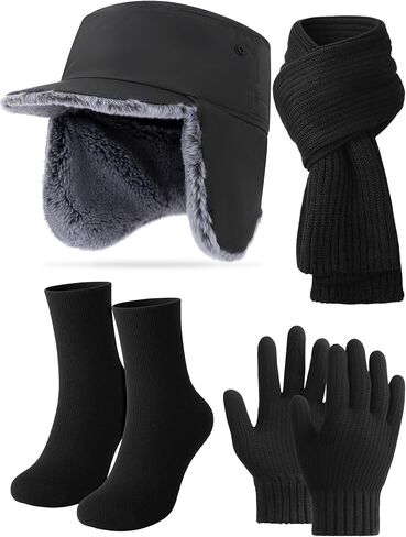 4 Pcs Winter Hat Scarf Glove Sock Set for Men Waterproof Plush Adjustable Earflaps Cap Glove Warm Scarf Sock for Men Women Outdoor in Saudi Arabia