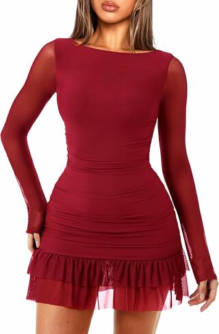 OZICERD Women Boat Neck Bodycon Mini Dresses Long Sleeve Going Out Dress Ruffle Mesh Short Elegant Club Cocktail Party Dress in Saudi Arabia