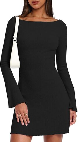 فستان Darong نسائي طويل الأكمام ورقبة قارب فستان قصير مضلع متماسك غير رسمي Bodycon على شكل حرف a فساتين قصيرة ملابس الخريف والشتاء in Saudi Arabia
