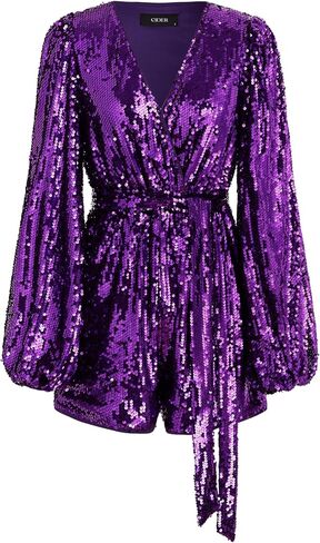 CIDER Women's Sequin V-neck Solid Belted Romper in Saudi Arabia