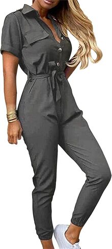 MAYRAIN Women Button Down Casual Jumpsuits Belted Short Sleeve Rompers Summer Lapel Collar Overalls in Saudi Arabia