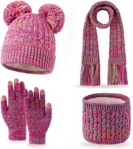 مجموعة من 4 قطع من قفازات الشتاء للأطفال، قبعة صغيرة للفتيات الصغيرات مع بوم محبوكة لتدفئة الرقبة وقفازات تعمل باللمس للفتيات والأولاد in Kuwait