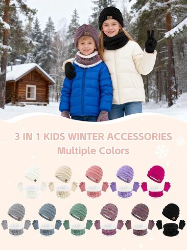 3 Pcs Kids Winter Hat Scarf Gloves Set Boys Girls Thick Warm Beanie Hat Knitted Neck Warmer Fleece Lined Gloves in Saudi Arabia