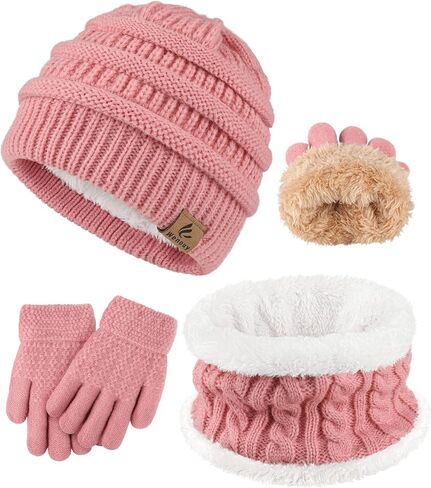 3 Pcs Kids Winter Hat Scarf Gloves Set Boys Girls Thick Warm Beanie Hat Knitted Neck Warmer Fleece Lined Gloves in Saudi Arabia