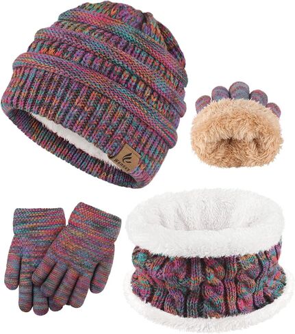 3 Pcs Kids Winter Hat Scarf Gloves Set Boys Girls Thick Warm Beanie Hat Knitted Neck Warmer Fleece Lined Gloves in Saudi Arabia