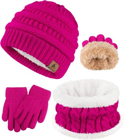 3 Pcs Kids Winter Hat Scarf Gloves Set Boys Girls Thick Warm Beanie Hat Knitted Neck Warmer Fleece Lined Gloves in Saudi Arabia