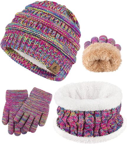 3 Pcs Kids Winter Hat Scarf Gloves Set Boys Girls Thick Warm Beanie Hat Knitted Neck Warmer Fleece Lined Gloves in Saudi Arabia