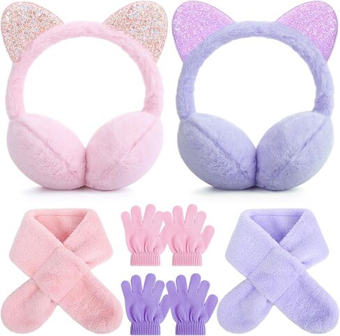 6 Pcs Winter Earmuffs Scarfs Gloves Set for Kids Include 2 Pcs Warm Ear Muffs 2 Scarfs and 2 Pairs Gloves for Kids Girls Winter Warm Outdoor, Pink and Purple in Saudi Arabia
