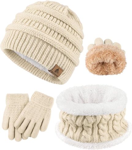 3 Pcs Kids Winter Hat Scarf Gloves Set Boys Girls Thick Warm Beanie Hat Knitted Neck Warmer Fleece Lined Gloves in Saudi Arabia