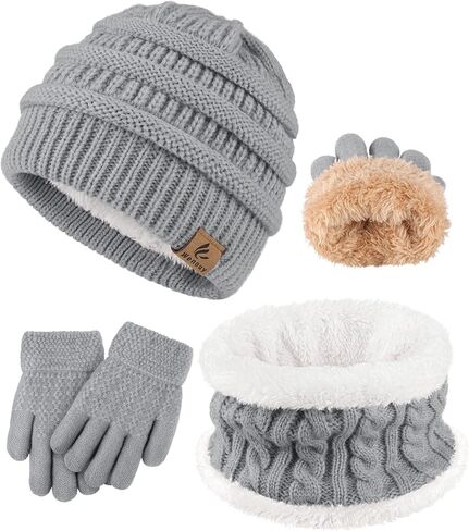 3 Pcs Kids Winter Hat Scarf Gloves Set Boys Girls Thick Warm Beanie Hat Knitted Neck Warmer Fleece Lined Gloves in Saudi Arabia