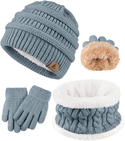 3 Pcs Kids Winter Hat Scarf Gloves Set Boys Girls Thick Warm Beanie Hat Knitted Neck Warmer Fleece Lined Gloves in Saudi Arabia