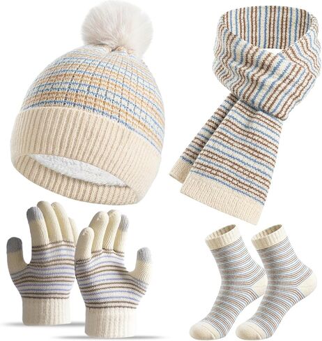 Kids Winter Hat Gloves Scarf Socks Set 4Pcs, Toddler Pom Beanie Warm Knit Scarf Fleece Mittens Socks for Girls Boys Aged 3-8 in Saudi Arabia