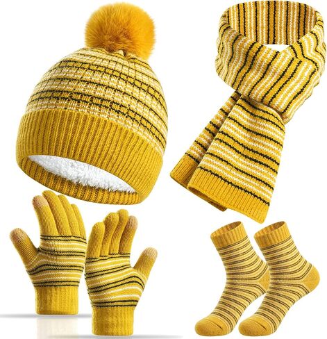 Kids Winter Hat Gloves Scarf Socks Set 4Pcs, Toddler Pom Beanie Warm Knit Scarf Fleece Mittens Socks for Girls Boys Aged 3-8 in Saudi Arabia