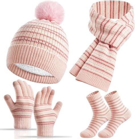 Kids Winter Hat Gloves Scarf Socks Set 4Pcs, Toddler Pom Beanie Warm Knit Scarf Fleece Mittens Socks for Girls Boys Aged 3-8 in Saudi Arabia