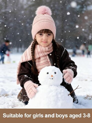 Kids Winter Hat Gloves Scarf Socks Set 4Pcs, Toddler Pom Beanie Warm Knit Scarf Fleece Mittens Socks for Girls Boys Aged 3-8 in Saudi Arabia