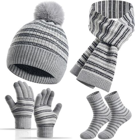 Kids Winter Hat Gloves Scarf Socks Set 4Pcs, Toddler Pom Beanie Warm Knit Scarf Fleece Mittens Socks for Girls Boys Aged 3-8 in Saudi Arabia