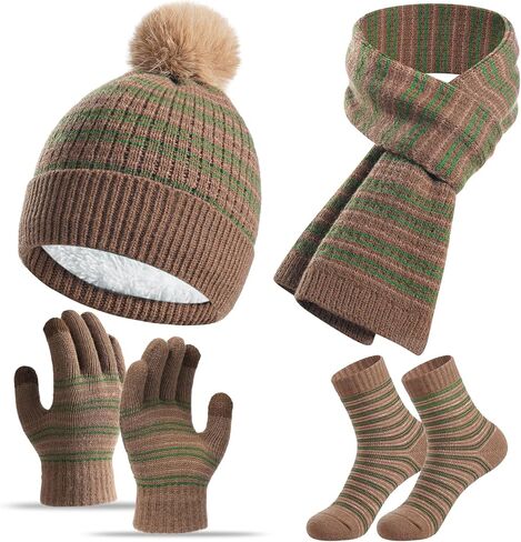 Kids Winter Hat Gloves Scarf Socks Set 4Pcs, Toddler Pom Beanie Warm Knit Scarf Fleece Mittens Socks for Girls Boys Aged 3-8 in Saudi Arabia