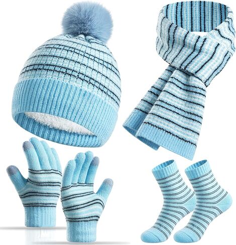 Kids Winter Hat Gloves Scarf Socks Set 4Pcs, Toddler Pom Beanie Warm Knit Scarf Fleece Mittens Socks for Girls Boys Aged 3-8 in Saudi Arabia