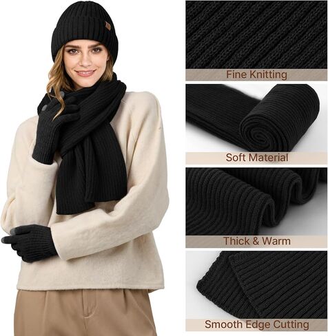 Premillow Winter Beanie Hat Scarf Gloves Set for Women, Slouchy Womens Winter Hats Long Scarf Touchscreen Gloves 3 in 1 Set in Saudi Arabia