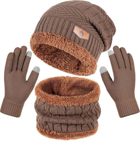 Winter Beanie Hat Scarf and Gloves Set For Men Women，Warm Beanie Hat Soft Neck Scarf and Touch Screen Gloves for Cold Weather in Saudi Arabia