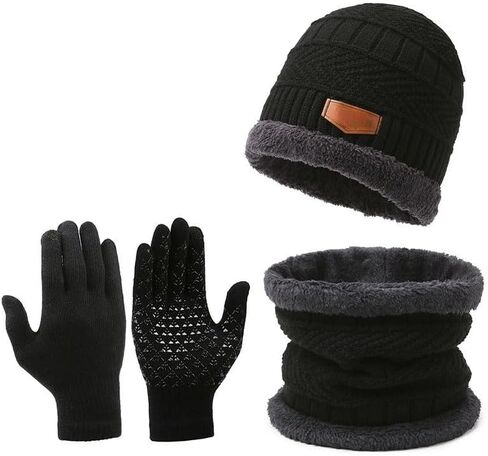 Winter Knit Beanie Hat Neck Warmer Scarf and Touch Screen Gloves Set 3-Piece, Fleece Lined for Commute Outdoor Cold Weather, Black in Saudi Arabia