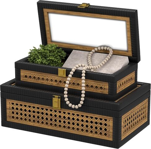 Rattan Decorative Box,Boho Display Boxes with Lids,Set of 2 Rectangular Wicker Storage Decoration,Natural Woven Cane Bins for Home Decor for Rustic Farmhouse(Natural) in Saudi Arabia