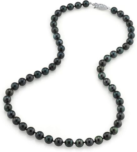 The Pearl Source 14K Gold 7.0-7.5mm Round Genuine Black Japanese Akoya Saltwater Cultured Pearl Necklace in 20" Matinee Length for Women in Saudi Arabia