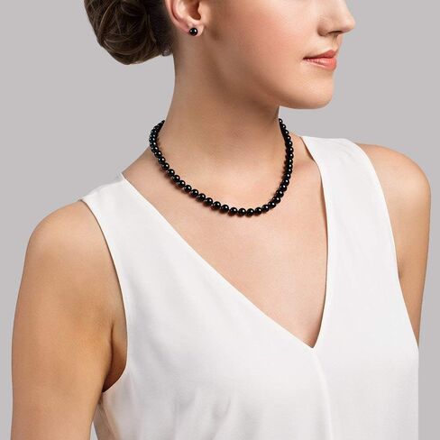The Pearl Source 14K Gold 7.0-7.5mm Round Genuine Black Japanese Akoya Saltwater Cultured Pearl Necklace in 20" Matinee Length for Women in Saudi Arabia